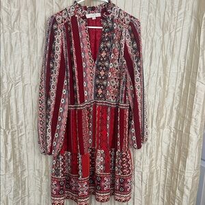 LOFT red Boho patchwork print tiered mini dress with ruffle lower dress.